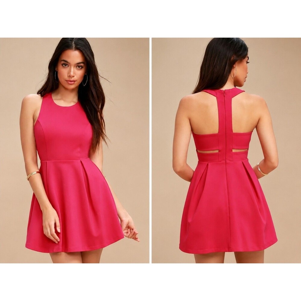 Lulu’s Hot Pink Fit & Flare Mini Dress Sz M Open Back Cutout Party Dress Juniors